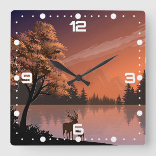 Sunrise Landscape with Lake and Deers-51207 Square Wall Clock