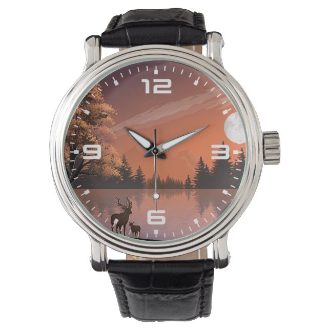 Sunrise Landscape with Lake and Deers-51207 Watch (Front)