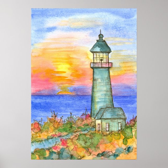 Sunrise Lighthouse Ocean Watercolor Painting Poster (Front)