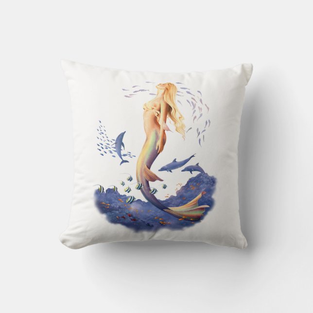 'Sunrise Mermaid' with Dolphins & Fish Cushion (Front)