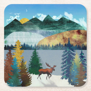 Sunrise Moose Square Paper Coaster