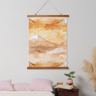 Sunrise Mount Fuji Watercolor Orange Landscape Hanging Tapestry
