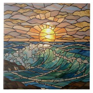 Sunrise Ocean Waves Stained Glass Illusion Ceramic Tile