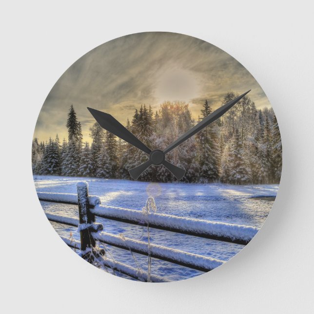 Sunrise on a Winter Pasture in Snow Round Clock (Front)