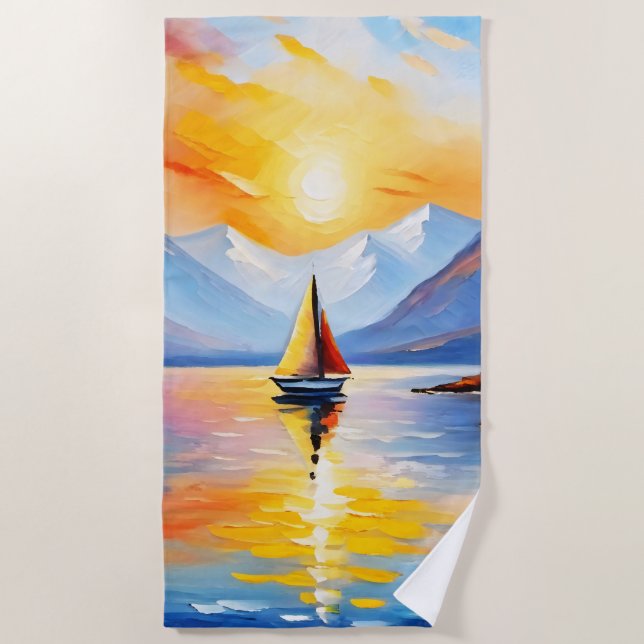 Sunrise over a lake and snow capped mountains beach towel (Front)