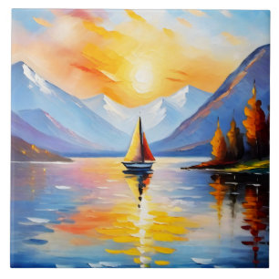 Sunrise over a lake and snow capped mountains ceramic tile