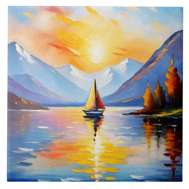 Sunrise over a lake and snow capped mountains  ceramic tile (Front)