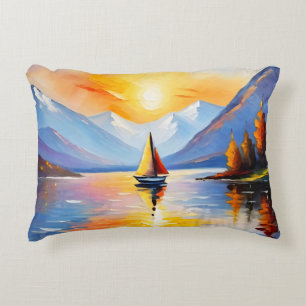 Sunrise over a lake and snow capped mountains decorative cushion