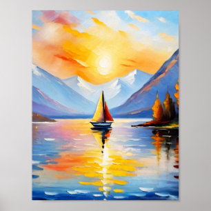 Sunrise over a lake and snow capped mountains  poster