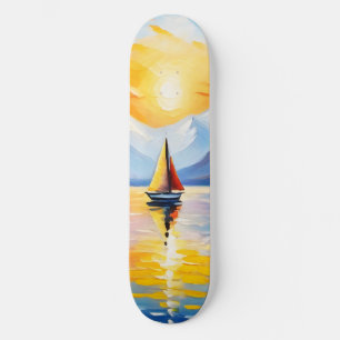 Sunrise over a lake and snow capped mountains skateboard