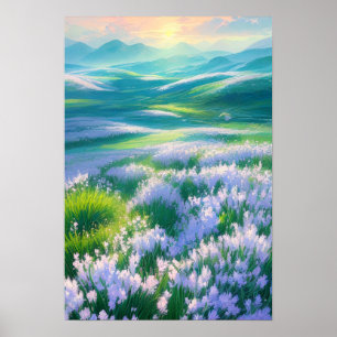 Sunrise Over a Valley of White Flowers Poster