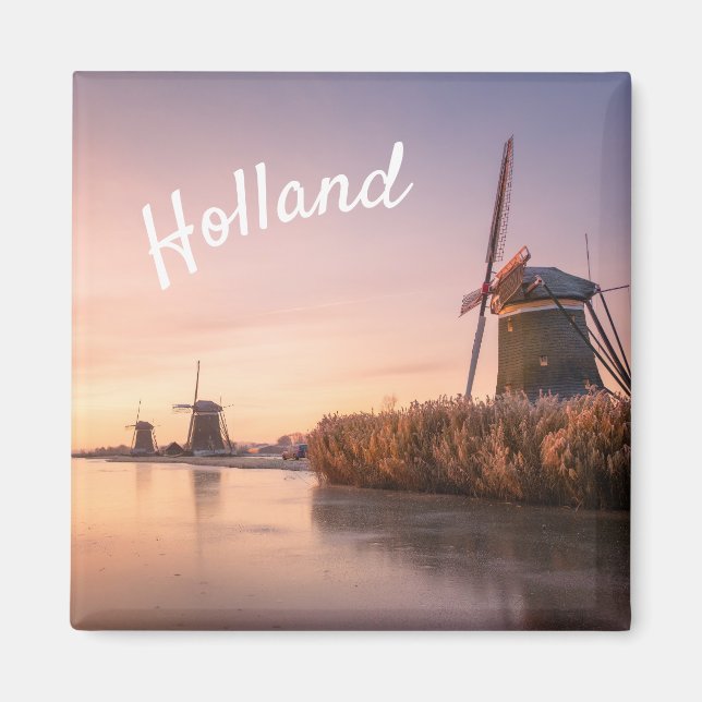 Sunrise over frozen river with windmills and reeds magnet (Front)