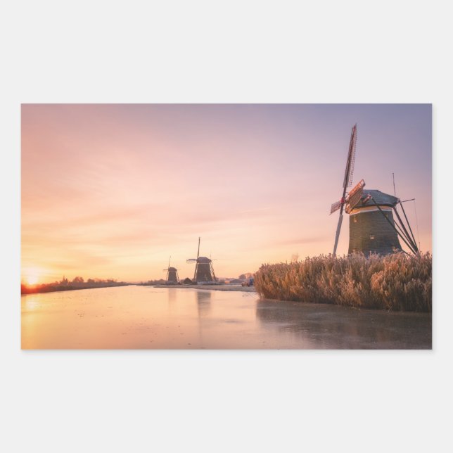 Sunrise over frozen river with windmills and reeds rectangular sticker (Front)