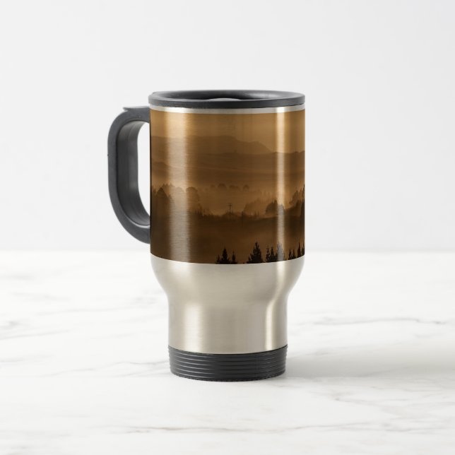 Sunrise Over Misty Rolling Hills Landscape Travel Mug (Front Left)