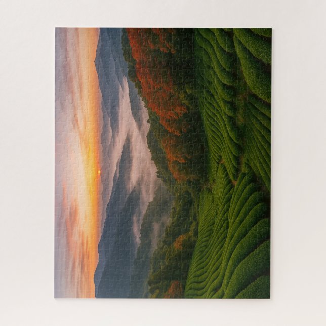 Sunrise over Mountain Tea Fields in Japan Jigsaw Puzzle (Vertical)