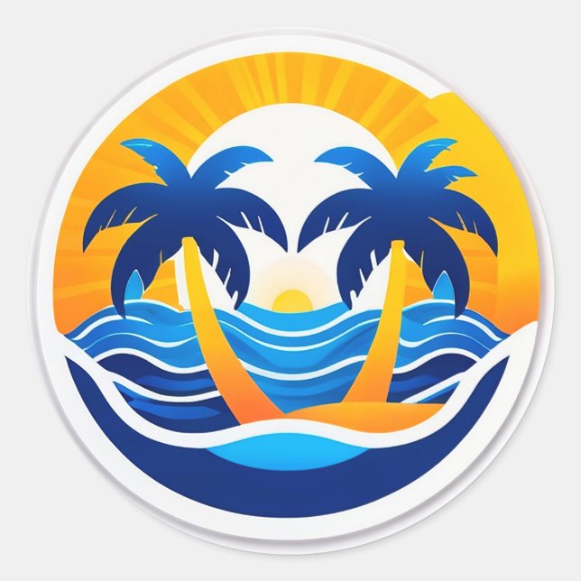 Sunrise Over Ocean Waves Emblem Classic Round Sticker (Front)