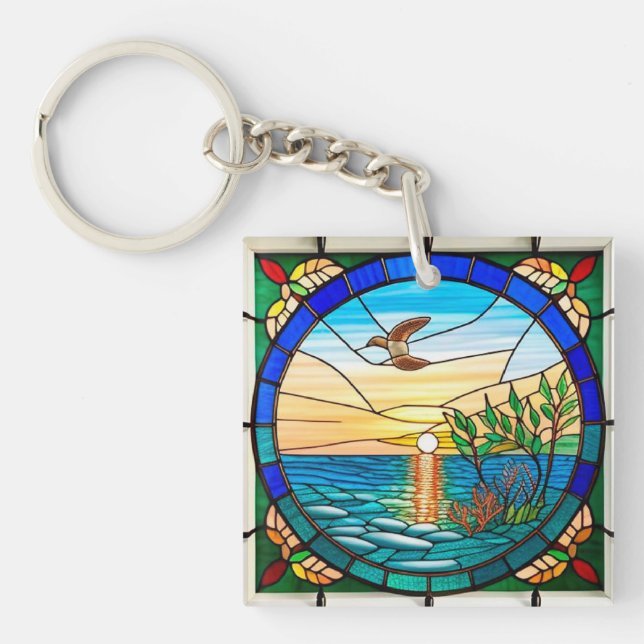 Sunrise Over Ocean with Flying Bird Key Ring (Front)
