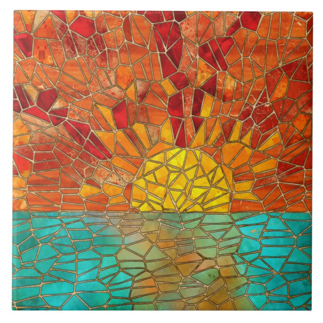 Sunrise over sea mosaic art ceramic tile (Front)
