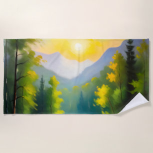 Sunrise over snow covered mountains and lake beach towel
