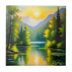 Sunrise over snow covered mountains and lake ceramic tile