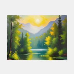Sunrise over snow covered mountains and lake doormat