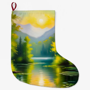 Sunrise over snow covered mountains and lake large christmas stocking