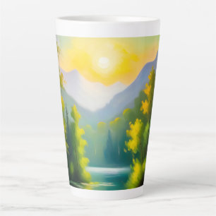 Sunrise over snow covered mountains and lake latte mug