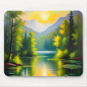 Sunrise over snow covered mountains and lake mouse pad