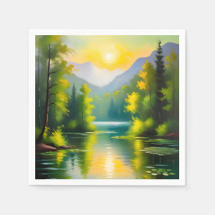 Sunrise over snow covered mountains and lake napkin