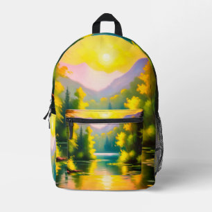 Sunrise over snow covered mountains and lake printed backpack