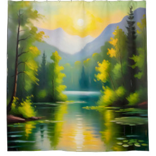 Sunrise over snow covered mountains and lake shower curtain