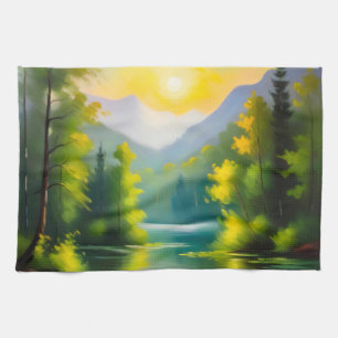 Sunrise over snow covered mountains and lake tea towel