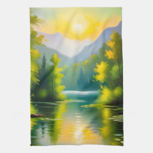 Sunrise over snow covered mountains and lake tea towel