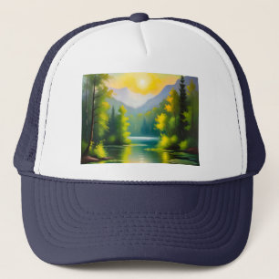 Sunrise over snow covered mountains and lake trucker hat