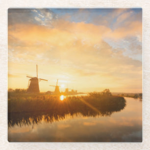 Sunrise over windmills and a river in Holland Glass Coaster
