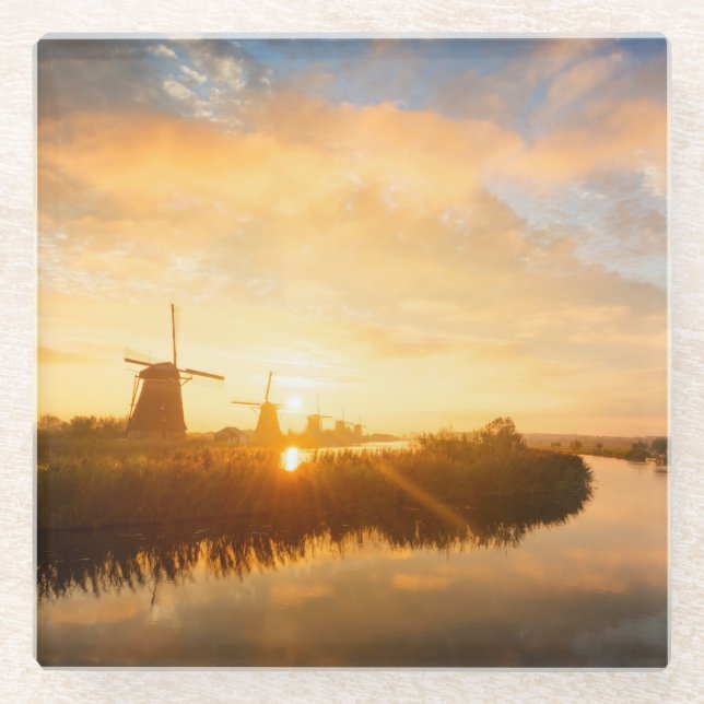 Sunrise over windmills and a river in Holland Glass Coaster (Front)