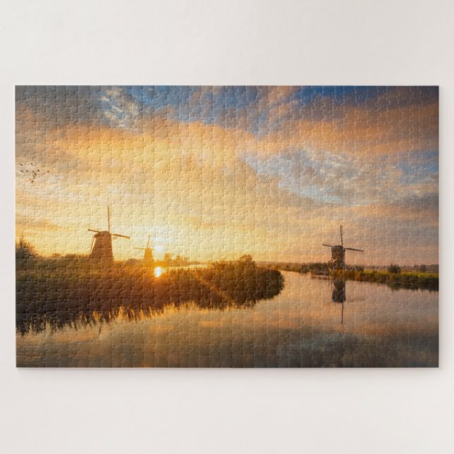 Sunrise over windmills and a river in Holland Jigsaw Puzzle (Horizontal)