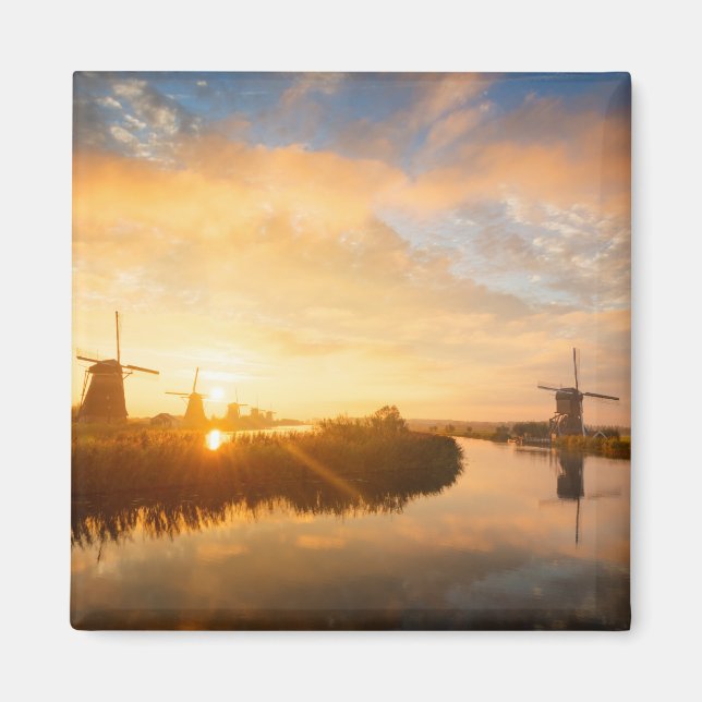 Sunrise over windmills and a river in Holland Magnet (Front)