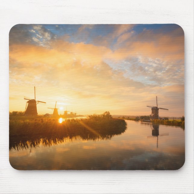 Sunrise over windmills and a river in Holland Mouse Pad (Front)