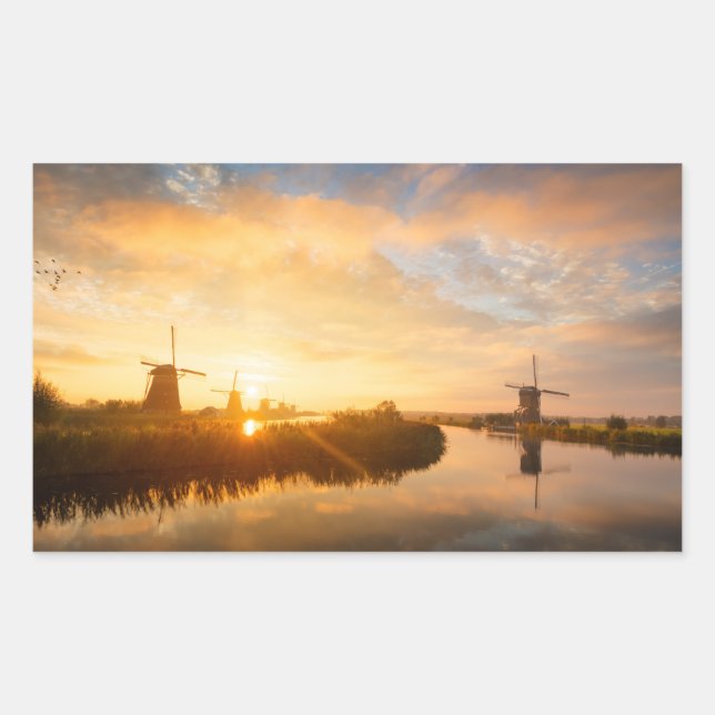 Sunrise over windmills and a river in Holland Rectangular Sticker (Front)