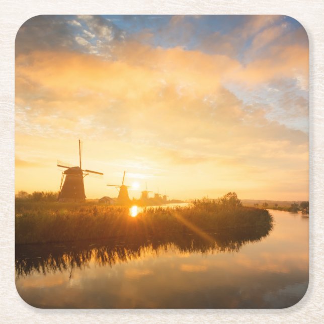 Sunrise over windmills and a river in Holland Square Paper Coaster (Front)