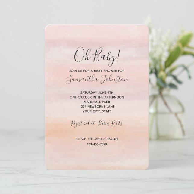 Sunrise Peach Blush Pink Baby Shower Invitation (Standing Front)