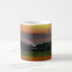 Sunrise Poppy Field And Steam Locomotive Coffee Mug
