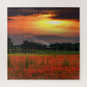Sunrise Poppy Field And Steam Locomotive Jigsaw Puzzle
