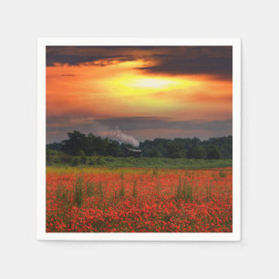 Sunrise Poppy Field And Steam Locomotive Napkin