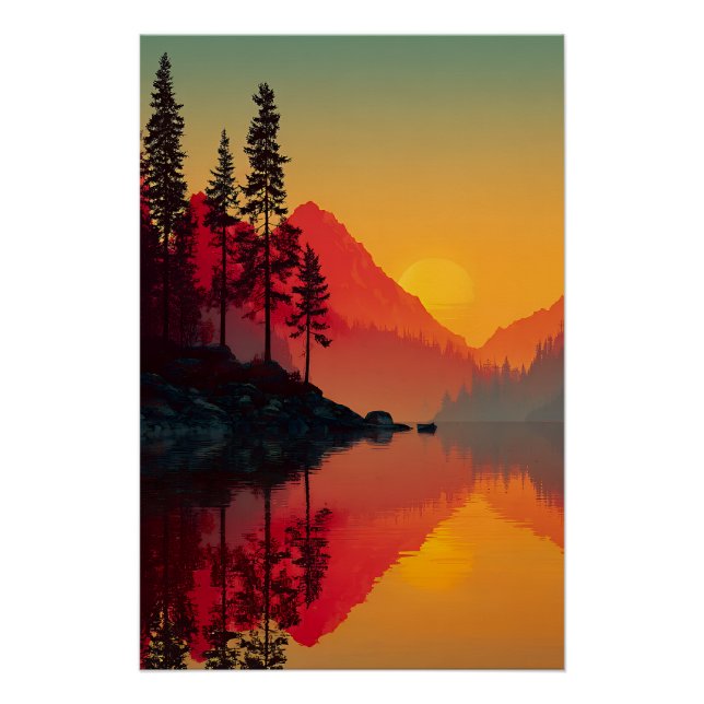 Sunrise Reflection Alpine Lake Mountain Silhouette Poster (Front)