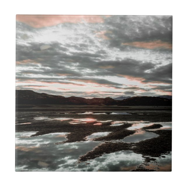 Sunrise reflections at Lago Grey. Torres del Ceramic Tile (Front)