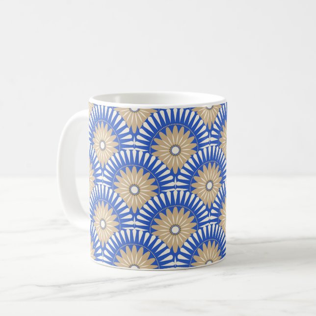 Sunrise retro flower - blue, white & brown coffee mug (Front Left)