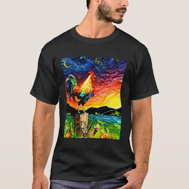 Sunrise Rooster Starry Night Farm Landscape By Aja T-Shirt (Front)