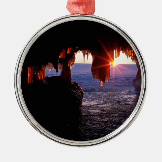 Sunrise Sea Caves Apostle Islands Wisconsin Metal Tree Decoration (Front)